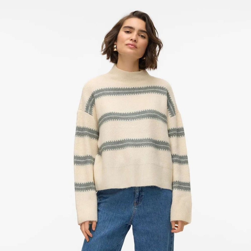 Vero Moda Womens High Neck Knit Sweater M Cream Green Striped VMDAZZLE Relaxed